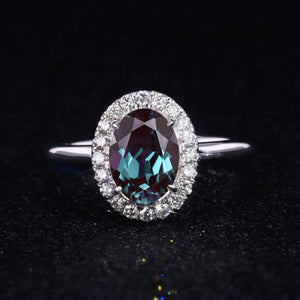 3 Carat Classic Oval Halo Alexandrite Ring, Luxury Prong Setting Oval Cut Engagement Ring