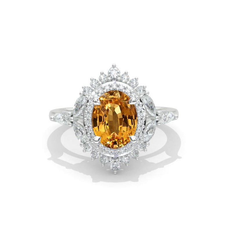 2Ct Oval Genuine Yellow Citrine Double Halo Engagement Ring, Oval Shape Genuine Yellow Citrine Engagement Ring, Marquise Side Accents Stones 14K White Gold Model 537