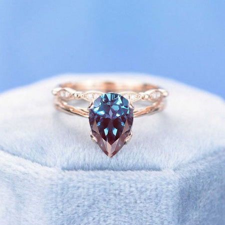 3 Carat Pear Alexandrite 14K Rose Gold Engagement. Eternity Ring. Set of Two Rings. Leaf Floral Ring Design