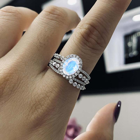 1.5Ct Genuine moonstone Halo Engagement Vintage Ring, Oval Shape Cut Genuine moonstone Engagement Ring, Accents Stones 14K White Cluster Gold Ring