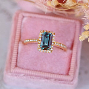 14K Solid Rose Gold Ring. Baguette Alexandrite Halo Eternity Ring. Halo Alexandrite Wedding Ring. Vintage Engagement Ring Anniversary Ring