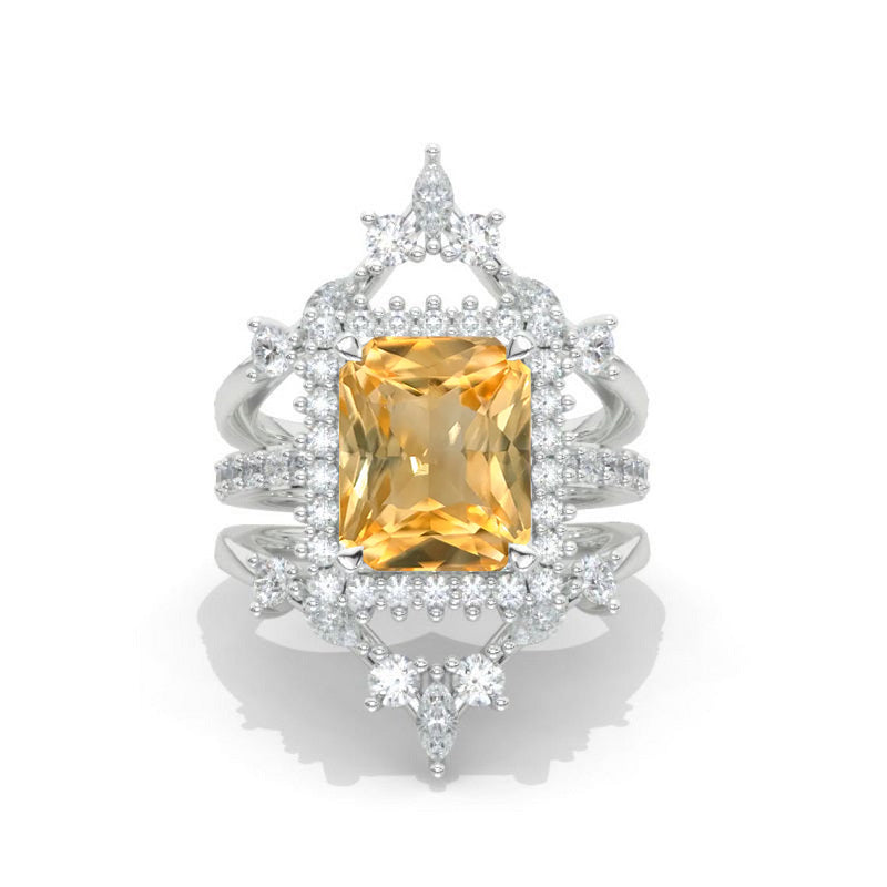 14K Solid Gold Ring 5CT Radiant Cut Genuine Yellow Citrine Halo Engagement Ring Set. Set of Three Eternity Gold Ring, Vintage Style Ring Model 548