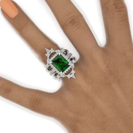 14K Solid Gold Ring 5CT Radiant Cut Emerald Halo Engagement Ring Set. Set of Three Eternity Gold Ring, Vintage Style Ring Model 548