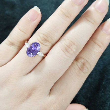 3CT Oval Purple Sapphire Wedding Ring. Three Stone Purple Sapphire Engagement 14K Rose Gold Engagement Ring. Anniversary Ring. Promise Ring