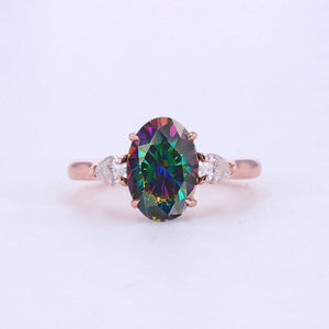 3CT Oval Genuine Naturae Mystic Topaz Wedding Ring. Three Stone Mystic Topaz Engagement 14K Rose Gold Engagement Ring. Anniversary Ring. Promise Ring