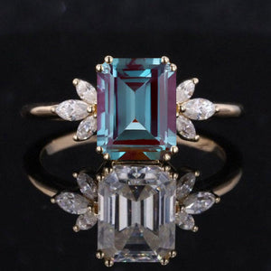 2Ct Alexandrite Engagement Ring, Solitaire Emerald Radiant Cut Alexandrite Engagement Ring, Alexandrite Marquise Side Stones Engagement Ring.