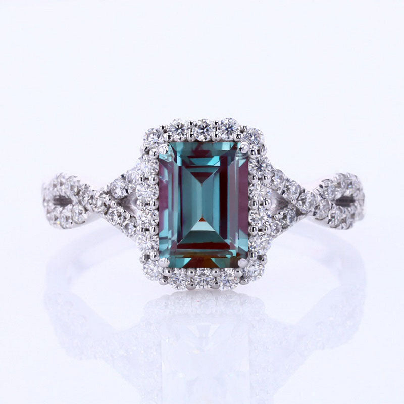3Ct Alexandrite Engagement Ring, Halo Radiant Cut Alexandrite Engagement Ring, Alexandrite Twisted Shank Engagement Ring.