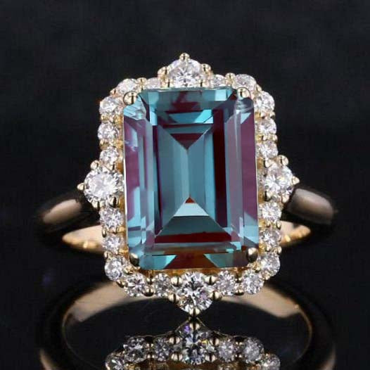 3Ct Alexandrite Engagement Ring, Emerald Cut Halo Alexandrite Engagement Ring