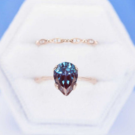 3 Carat Pear Alexandrite, Alexandrite 14K Rose Gold Engagement. Eternity Ring. Set of Two Rings. Leaf Floral Ring Design