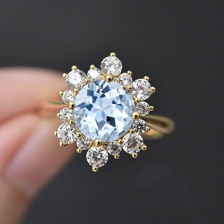 Snowflake Aquamarine Ring/2.0ct Round Cut Genuine Aquamarine Halo Ring/Solid 14K White Gold Ring/Art Deco Engagement Ring / Wedding Ring