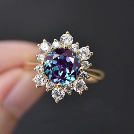 Snowflake Alexandrite Ring/2.0ct Round Cut Alexandrite Halo Ring/Solid 14K White Gold Ring/Art Deco Engagement Ring / Wedding Ring