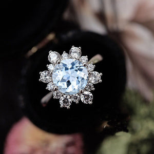 Snowflake Aquamarine Ring/2.0ct Round Cut Genuine Aquamarine Halo Ring/Solid 14K White Gold Ring/Art Deco Engagement Ring / Wedding Ring
