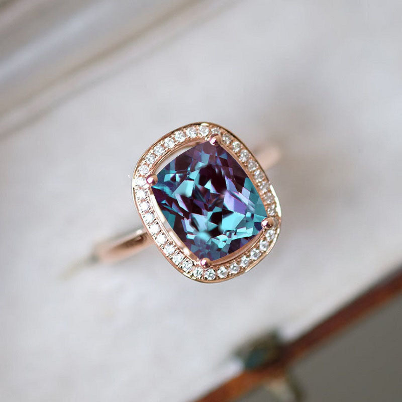 3 Carat Alexandrite Ring, Alexandrite Engagement Ring, Rose Gold Alexandrite Ring, Elongated Cushion Cut Engagement Ring, Halo Alexandrite Ring