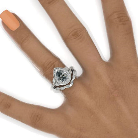 2CT Pear Shape Gray Moissanite Engagement Ring Set, White Gold, Halo Vintage Gray Moissanite Band, V Band Vintage Anniversary Ring Set
