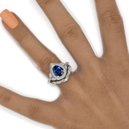 2CT Pear Shape Royal Blue Sapphire Engagement Ring Set, White Gold, Halo Vintage Royal Blue Sapphire Band, V Band Vintage Anniversary Ring Set