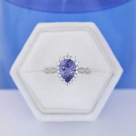 4 Carat Pear Cut Purple Sapphire Halo 14K White Gold Engagement Ring