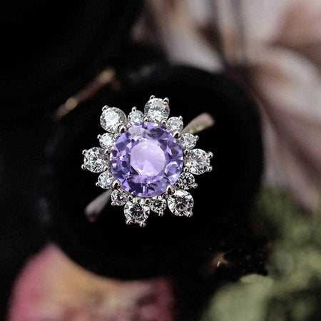 Snowflake Purple Sapphire Ring/2.0ct Round Cut Purple Sapphire Halo Ring/Solid 14K White Gold Ring/Art Deco Engagement Ring / Wedding Ring