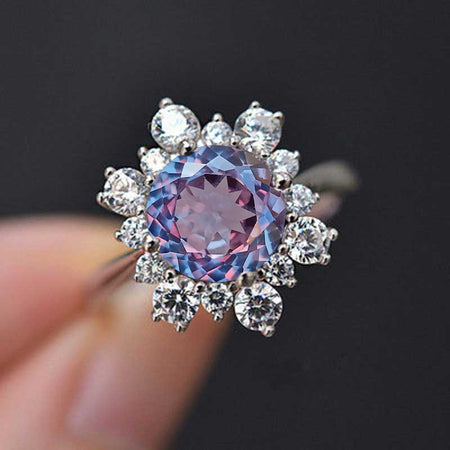 Snowflake Portuguese Cut Alexandrite Ring/2.0ct Round Portuguese Cut Alexandrite Halo Ring/Solid 14K White Gold Ring/Art Deco Engagement Ring / Wedding Ring