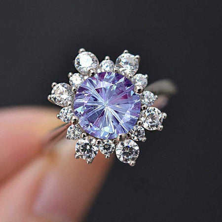 Snowflake Fireworks Cut Alexandrite Ring/2.0ct Round Fireworks Cut Alexandrite Halo Ring/Solid 14K White Gold Ring/Art Deco Engagement Ring / Wedding Ring