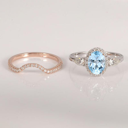 14K Gold 1.5 Carat Oval Aquamarine Halo Engagement Ring Eternity Ring Set