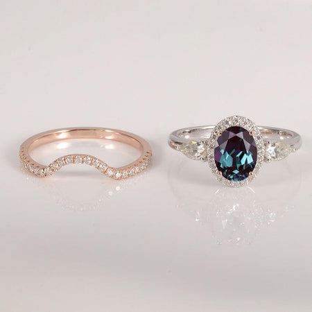 14K Gold 3 Carat Oval Alexandrite Halo Engagement Ring Eternity Ring Set