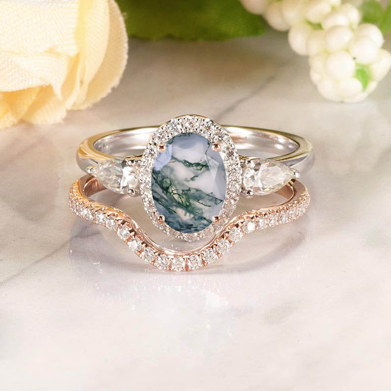 14K White Gold 4 Carat Oval Genuine Moss Agate Halo Engagement Ring Eternity Ring Set