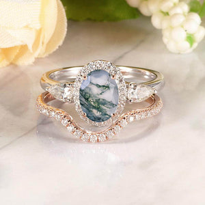 14K White Gold 4 Carat Oval Genuine Moss Agate Halo Engagement Ring Eternity Ring Set