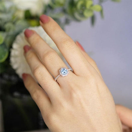 Snowflake Genuine Aquamarine Ring/1.0ct Round Cut Genuine Aquamarine Halo Ring/Solid 14K White Gold Ring/Art Deco Engagement Ring / Wedding Ring Women