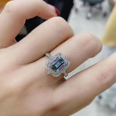 4Ct Emerald cut Halo Alexandrite ring, Alexandrite solitaire ring, natural Alexandrite ring, genuine Alexandrite emerald cut vintage ring