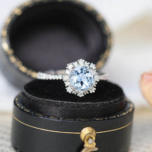 Snowflake Genuine Aquamarine Ring/1.0ct Round Cut Genuine Aquamarine Halo Ring/Solid 14K White Gold Ring/Art Deco Engagement Ring / Wedding Ring Women