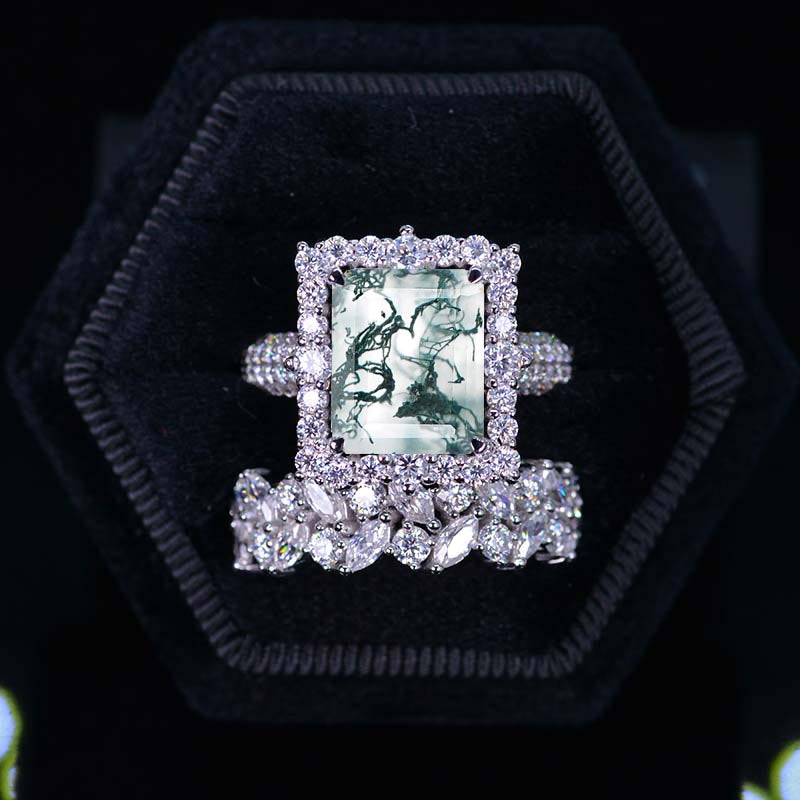 5 Carat Moss Agate Engagement Ring Halo Radiant Cut Genuine Moss Agate Engagement Ring, Radiant Cut Genuine Moss Agate Engagement Ring with Eternity Band