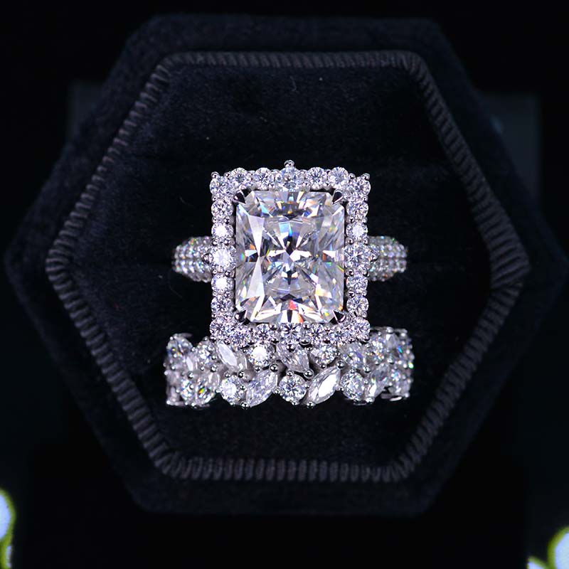 5 Carat Moissanite Engagement Ring Halo Radiant Cut Moissanite Engagement Ring,Radiant Cut Moissanite Engagement Ring with Eternity Band