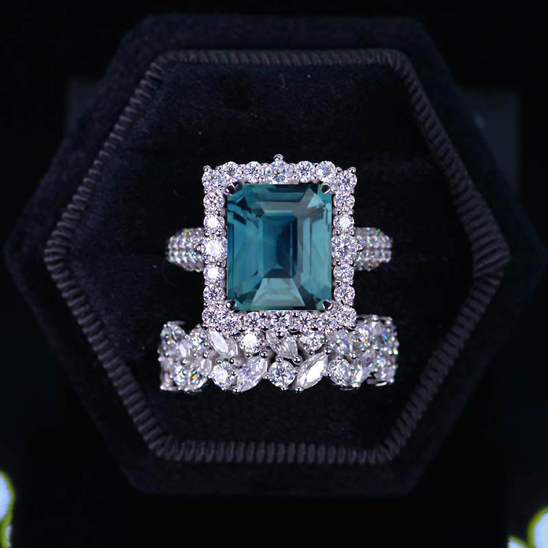5 Carat Teal Sapphire Engagement Ring Halo Radiant Cut Teal Sapphire Engagement Ring, Radiant Cut Teal Sapphire Engagement Ring with Eternity Band