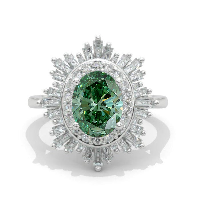 14K White Gold 2 Carat Green Moissanite Oval Halo Engagement Ring