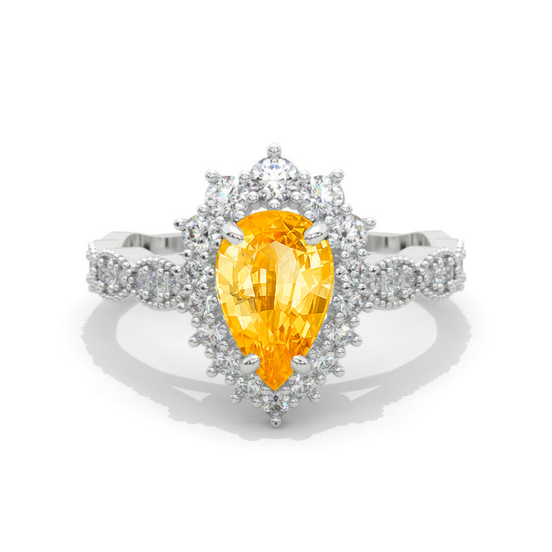 14K White Gold 3 Carat Pear Genuine Yellow Citrine Halo Engagement Ring Model R1-11x7mm