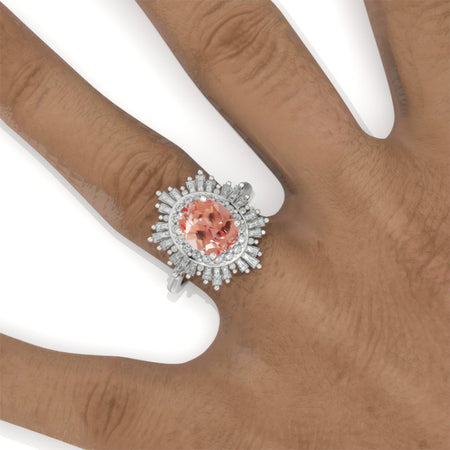 14K White Gold 2 Carat Peach Sapphire Oval Halo Engagement Ring