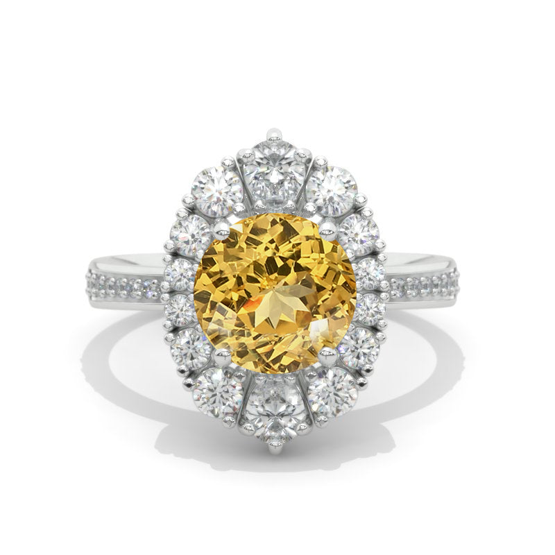 14K White Gold 2 Carat Round Genuine Yellow Citrine Halo Engagement Ring Model 75