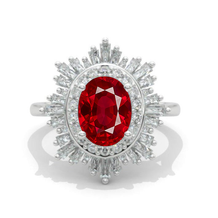 14K White Gold 2 Carat Oval Ruby Halo Engagement Ring