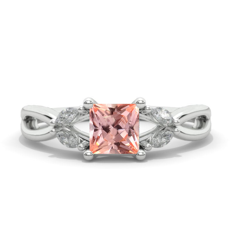 Princess Cut Peach Sapphire Twisted Shank Engagement Ring