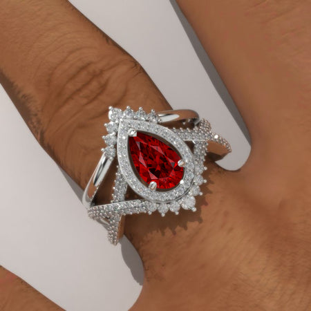 14K White Gold 2 Carat Pear Ruby Halo Twisted Engagement Ring Eternity Ring Set