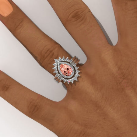2 Carat Pear Peach Sapphire Halo Engagement 14K White Gold  Ring Eternity Ring Set Model 151-9x6