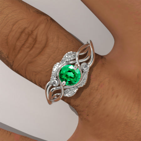 Emerald White Gold Engagement Lattice Floral Accented Ring Model 154-5