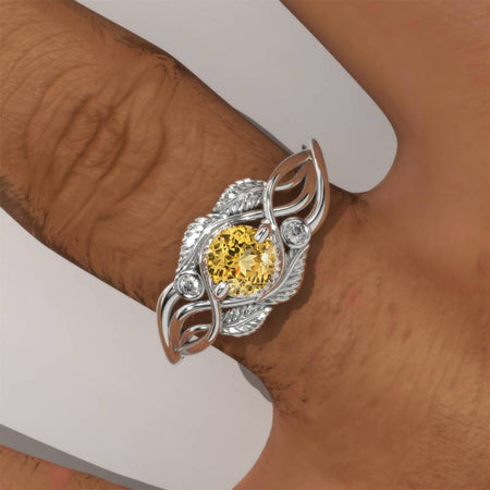 Genuine Yellow Citrine White Gold Engagement Lattice Floral Accented Ring Model 154-5