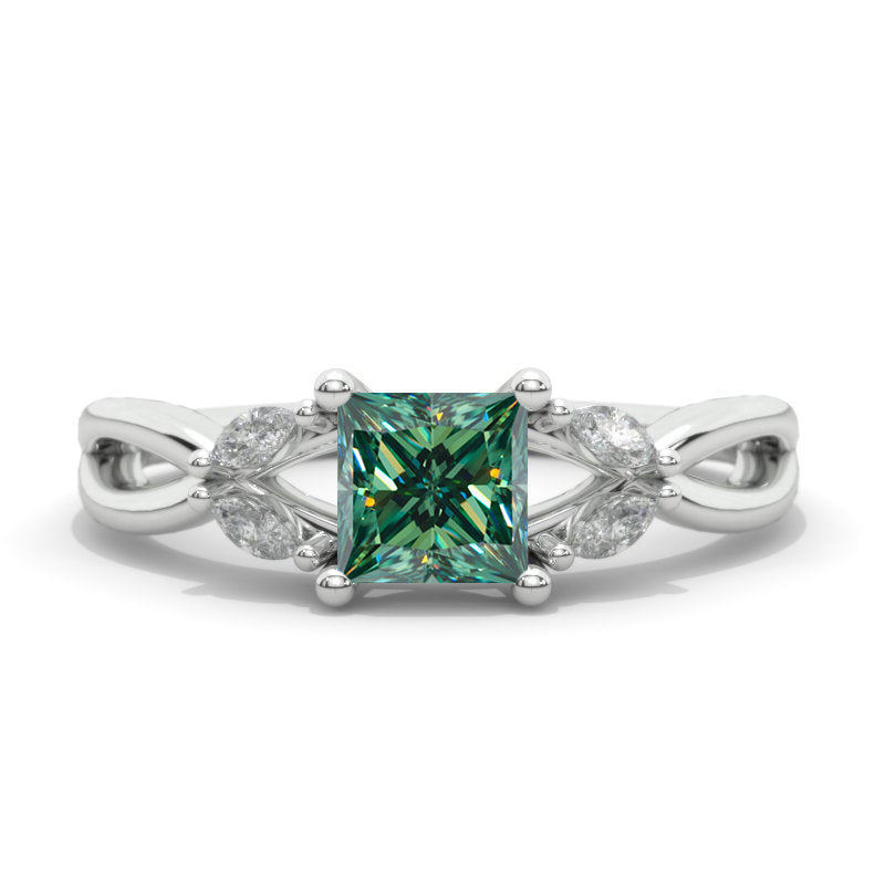 Princess Cut Green Moissanite Twisted Shank Engagement Ring