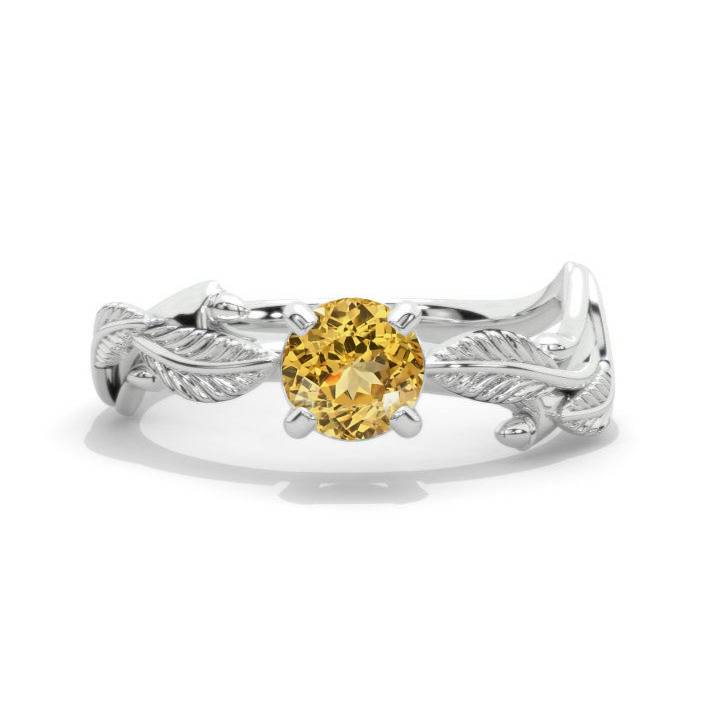 Genuine Yellow Citrine White Gold Engagement Leaves Ring Model 147