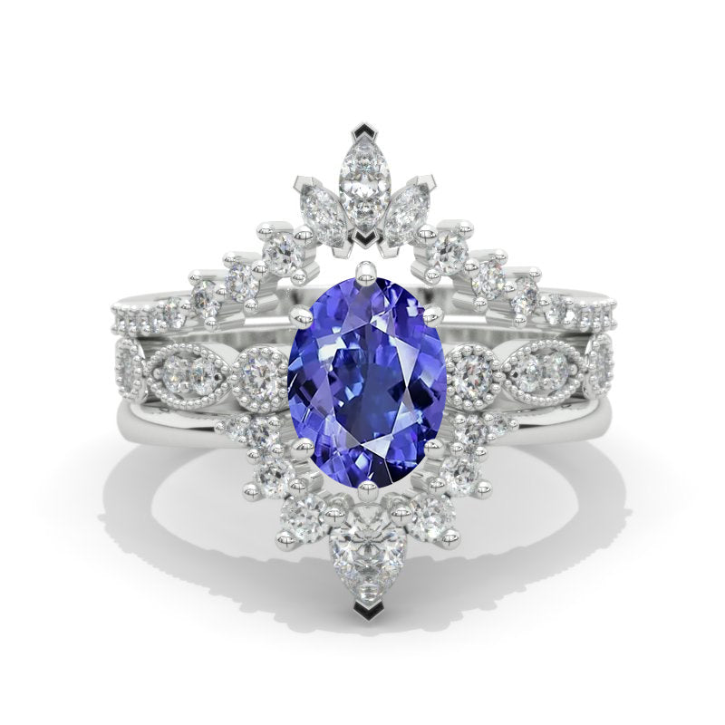 14K White Gold Oval Natural Genuine Tanzanite Halo Engagement Ring