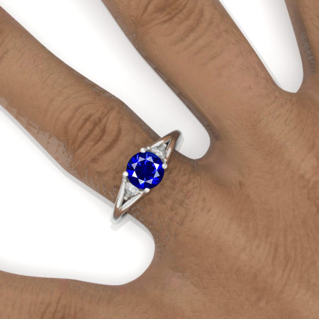 Trillion Three Stone Royal Blue Sapphire White Gold Engagement Ring Model 300