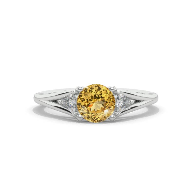 Trillion Three Stone Genuine Yellow Citrine White Gold Engagement Ring Model 300