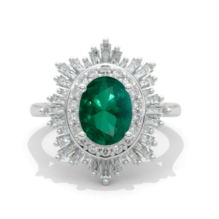14K White Gold 2 Carat Emerald Oval Halo Engagement Ring