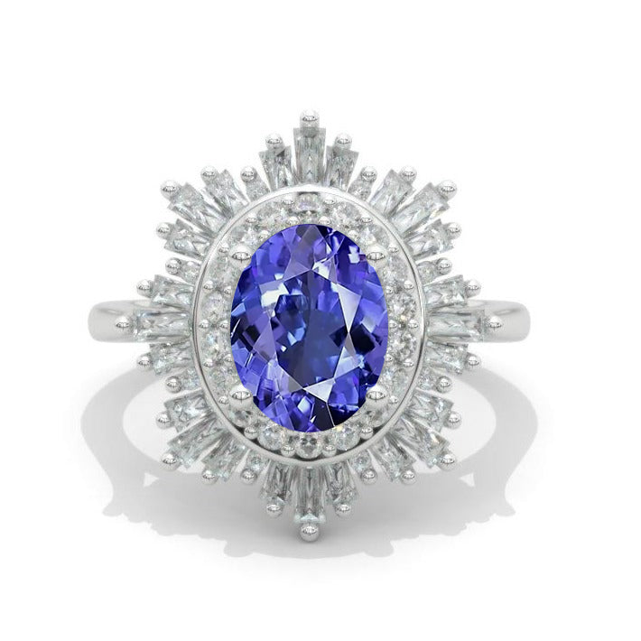 14K White Gold 2 Carat Oval Natural Genuine Tanzanite Halo Engagement Ring